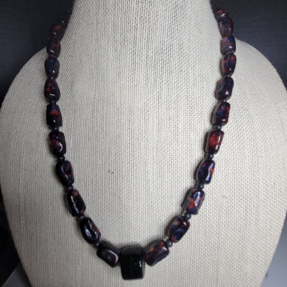 Navy Blue & Red Irregular Rectangle Beaded Necklace 24" Gray Accent Spacers